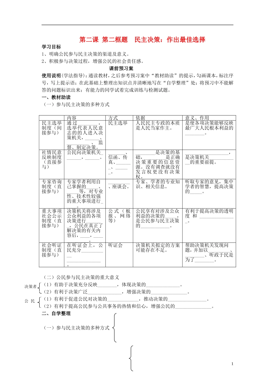 辽宁省丹东宽甸县第一中学高中政治2.2民主决策作出最佳选择导学案无答案新人教版必修2_第1页