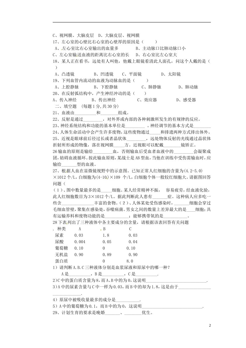 湖南省新晃侗族自治县第二中学2014_2015学年七年级生物上学期第三次月考试题无答案新人教版_第2页
