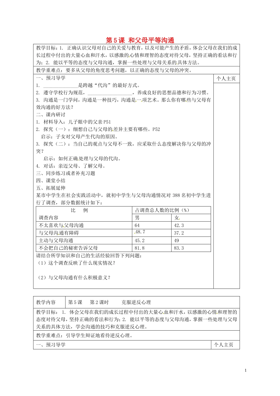 江苏诗台市南沈灶镇中学八年级政治上册第5课和父母平等沟通教学案无答案苏教版_第1页