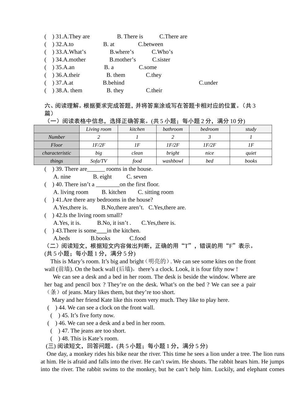 2015年义务教育学业质量监测五年级英语第1单元模拟卷_第3页