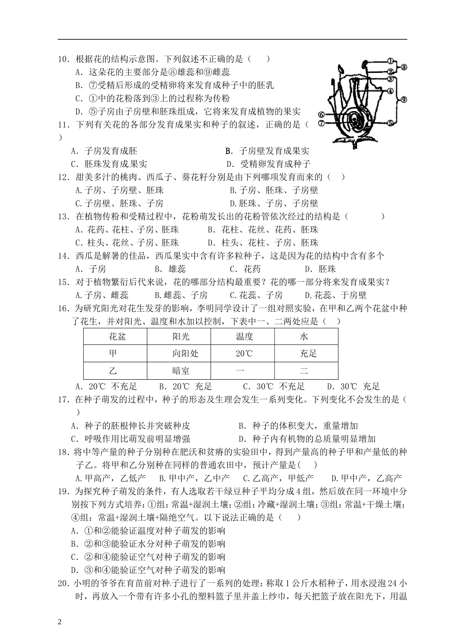 浙江省温州市平阳县鳌江镇第三中学中考科学 决胜专题训练之十二 植物的生殖与发育 浙教版_第2页