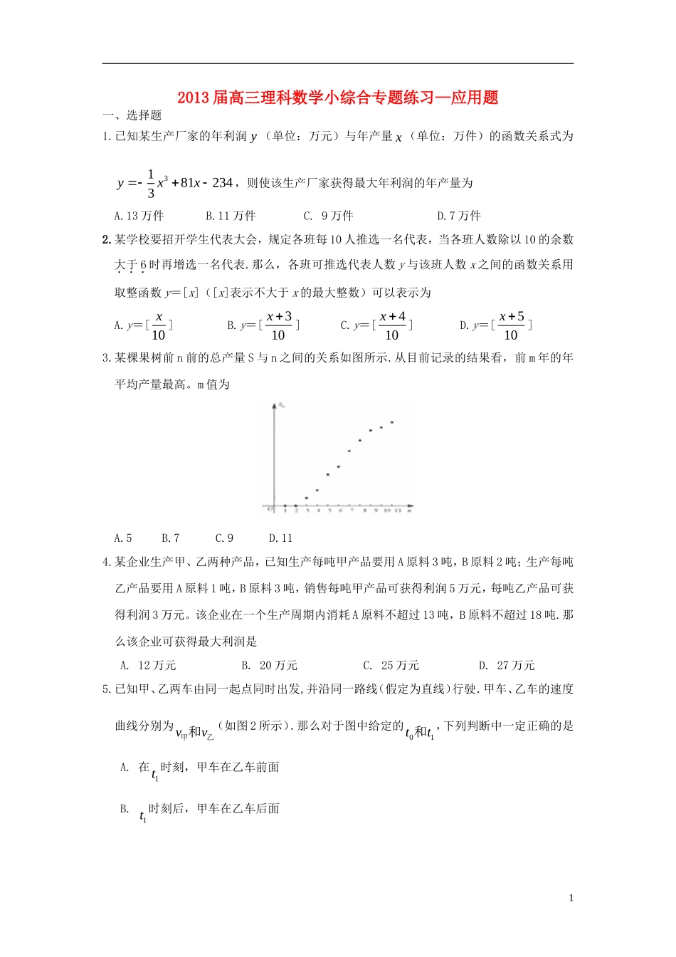 广东省东莞市2013届高三数学 小综合专题练习 应用题 理 新人教版_第1页