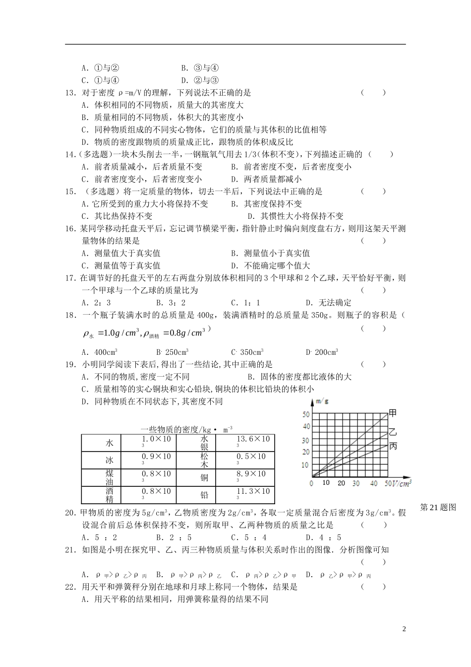 2015年秋八年级物理上册6.2物质的密度同步练习新版教科版_第2页