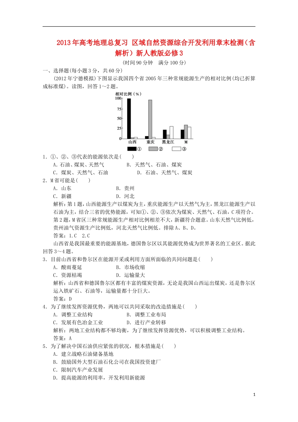 2013年高考地理总复习 区域自然资源综合开发利用章末检测（含解析）新人教版必修3_第1页