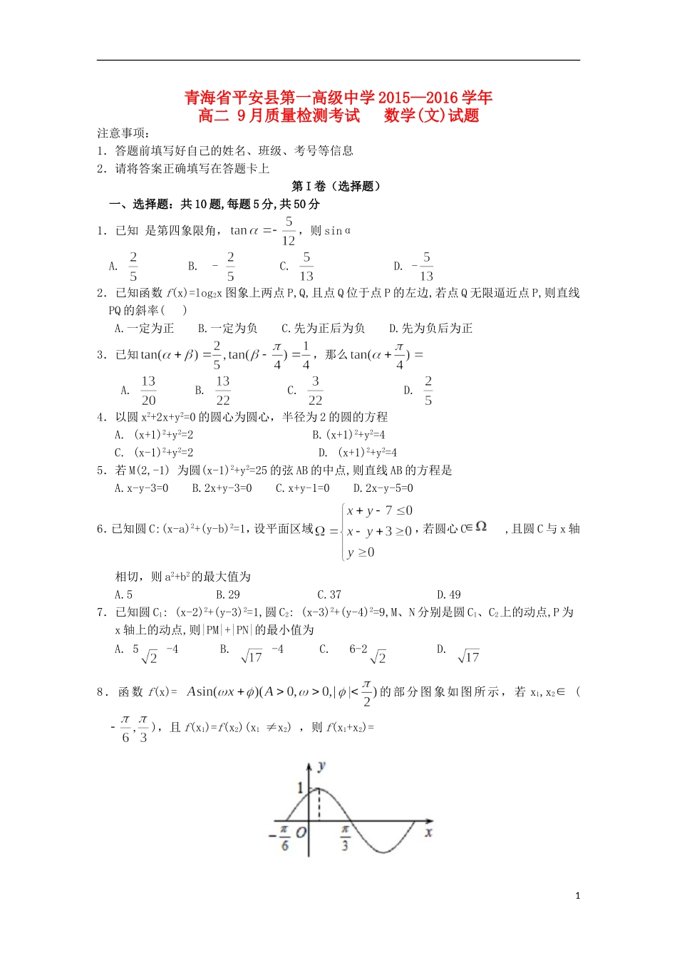 青海省平安县第一高级中学2015_2016学年高二数学9月质量检测试卷文含解析_第1页