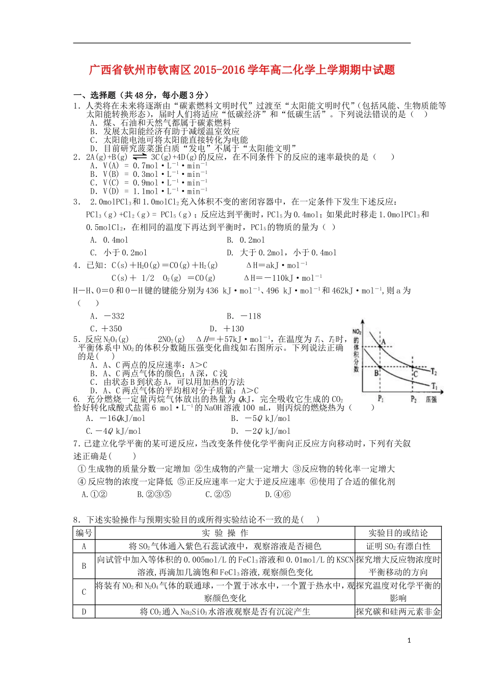 广西钦州市钦南区2015_2016学年高二化学上学期期中试题_第1页
