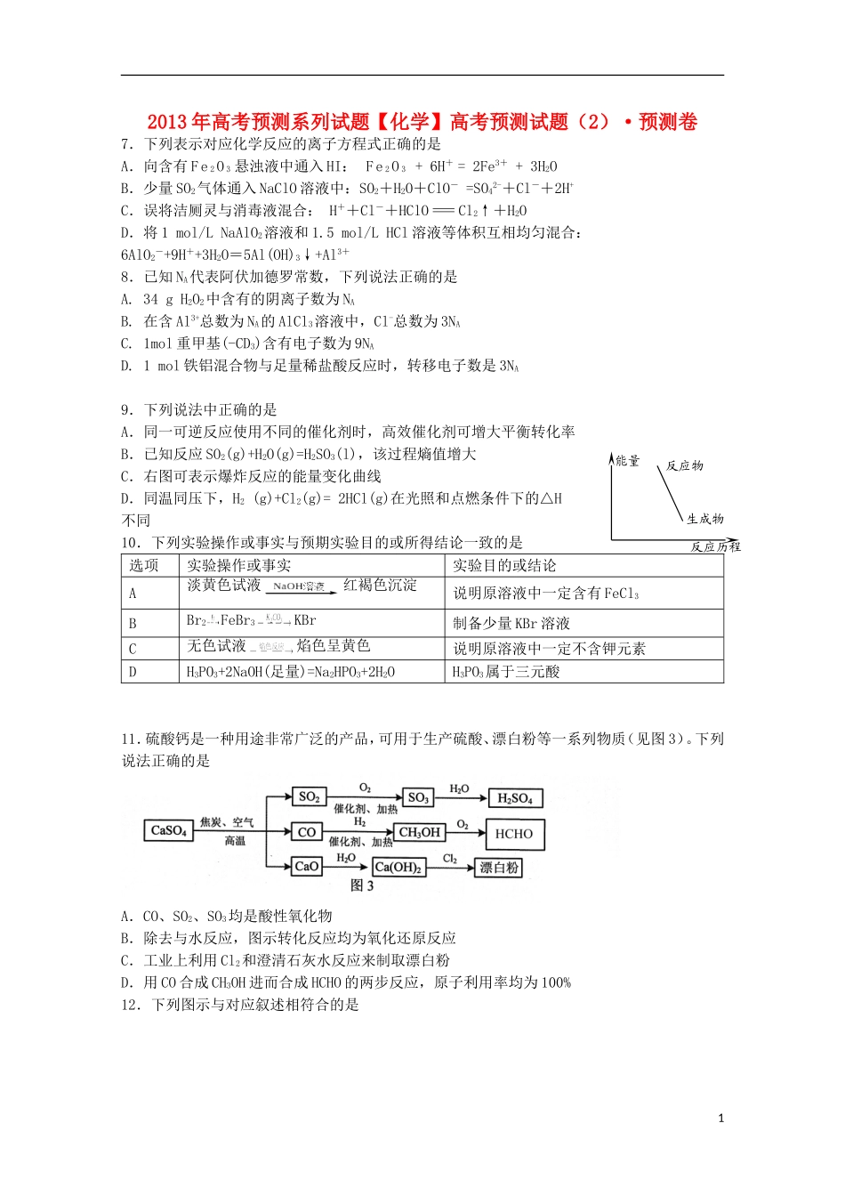 2013年高考化学预测试题（2）_第1页