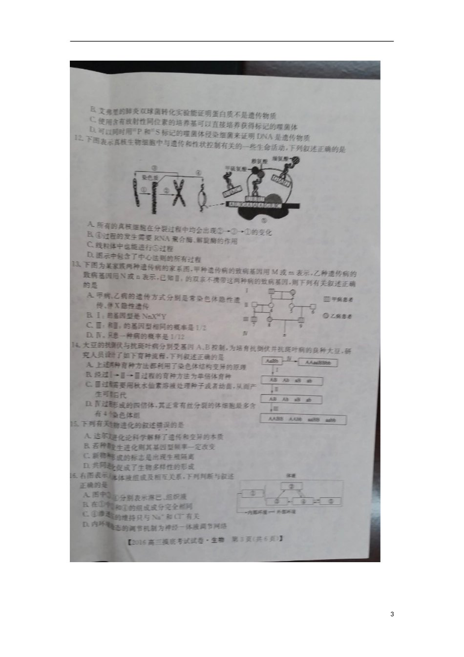 湖南省2016届高三生物上学期摸底考试试题扫描版无答案_第3页