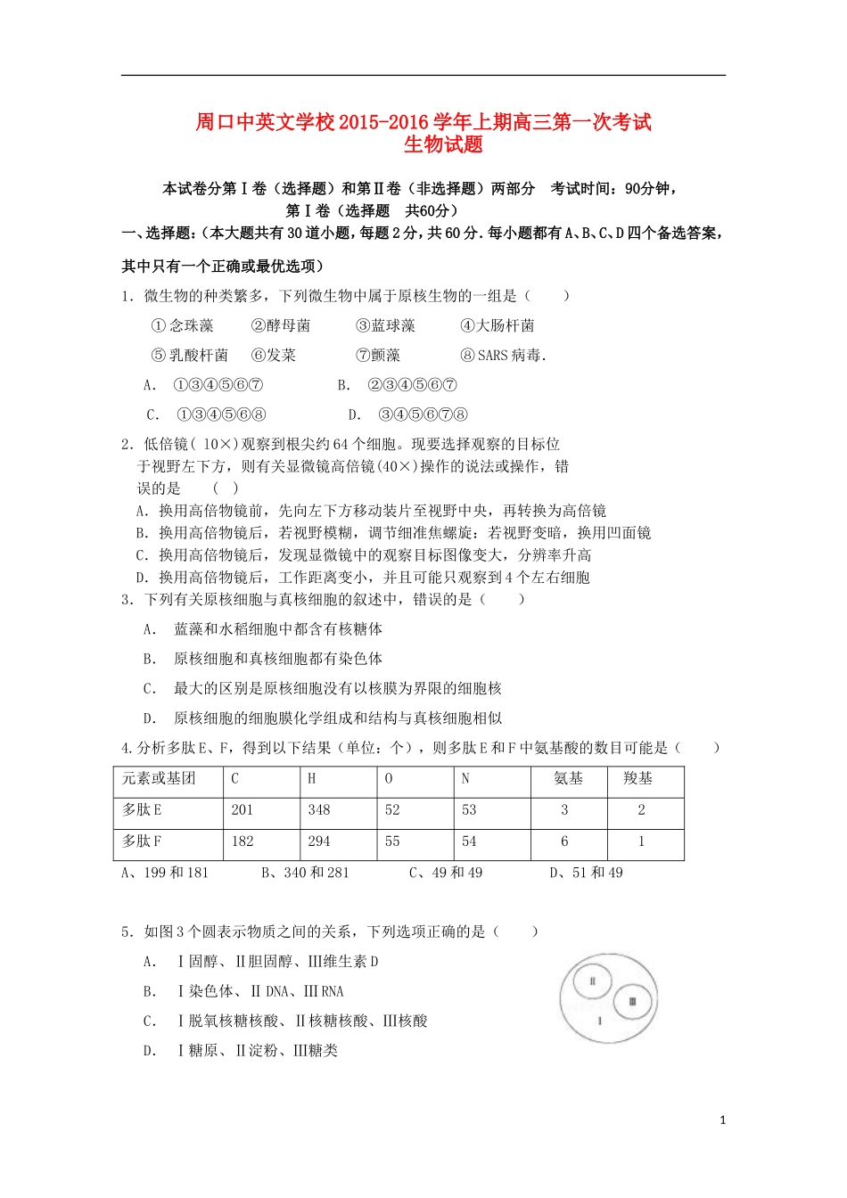 河南省周口中英文学校2016届高三生物上学期第一次考试试题_第1页