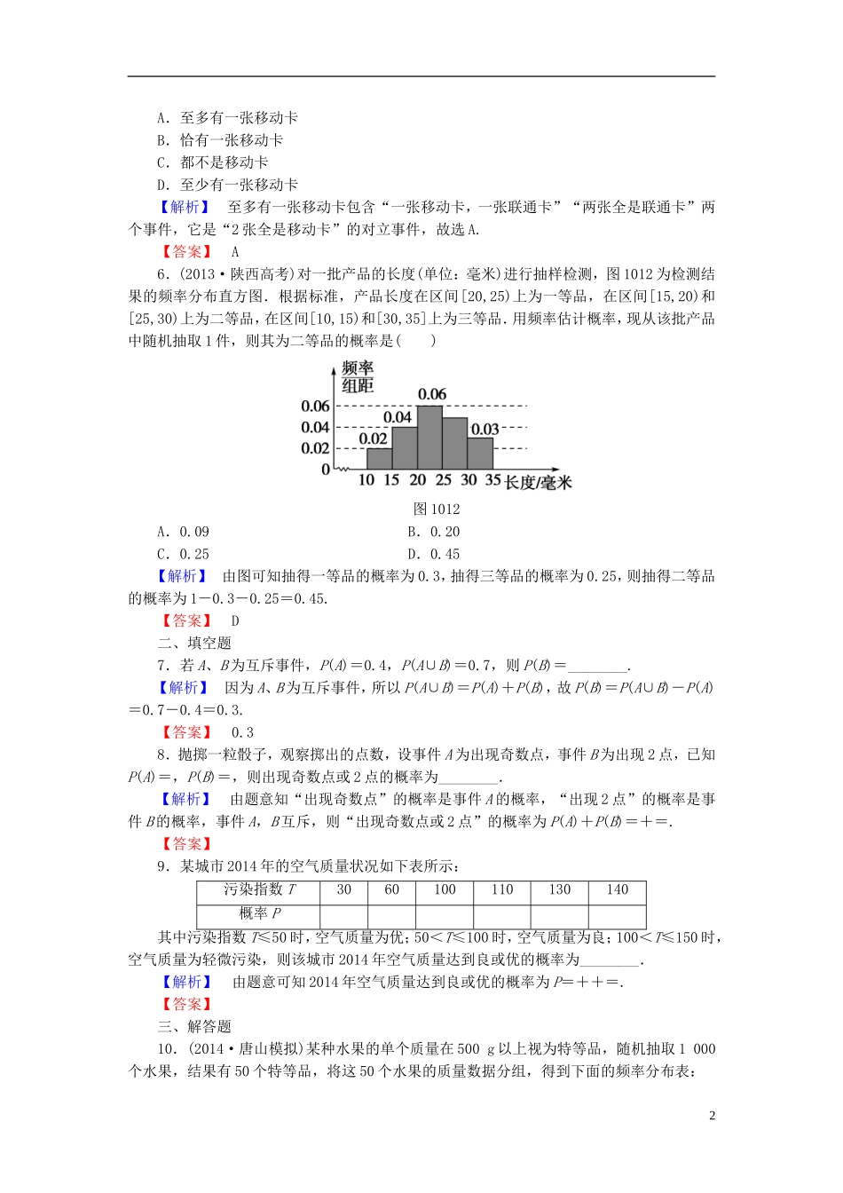 高考总动员2016届高考数学大一轮复习第10章第1节随机事件的概率课时提升练文新人教版_第2页
