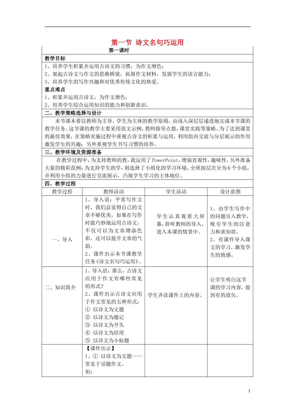 九年级语文下册古诗文教学与作文教学的整合第一节诗文名句巧运用教案新人教版_第1页