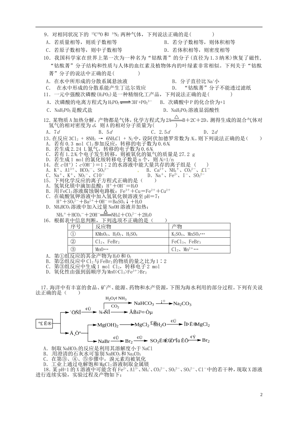 山东省2016届高三化学上学期第三次月考试题_第2页