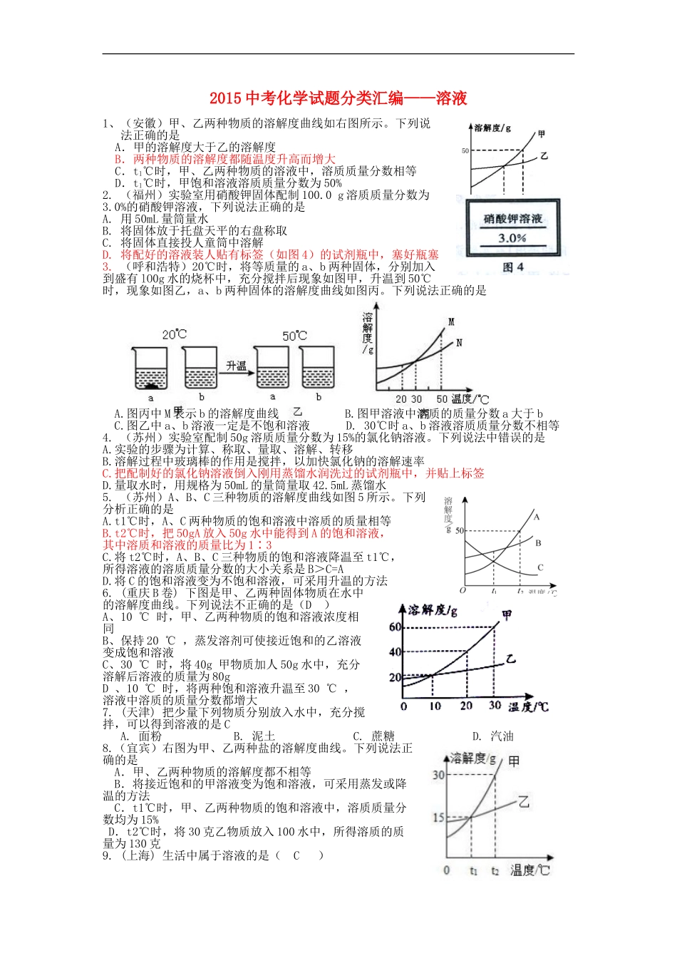 2015中考化学试题分类汇编溶液_第1页