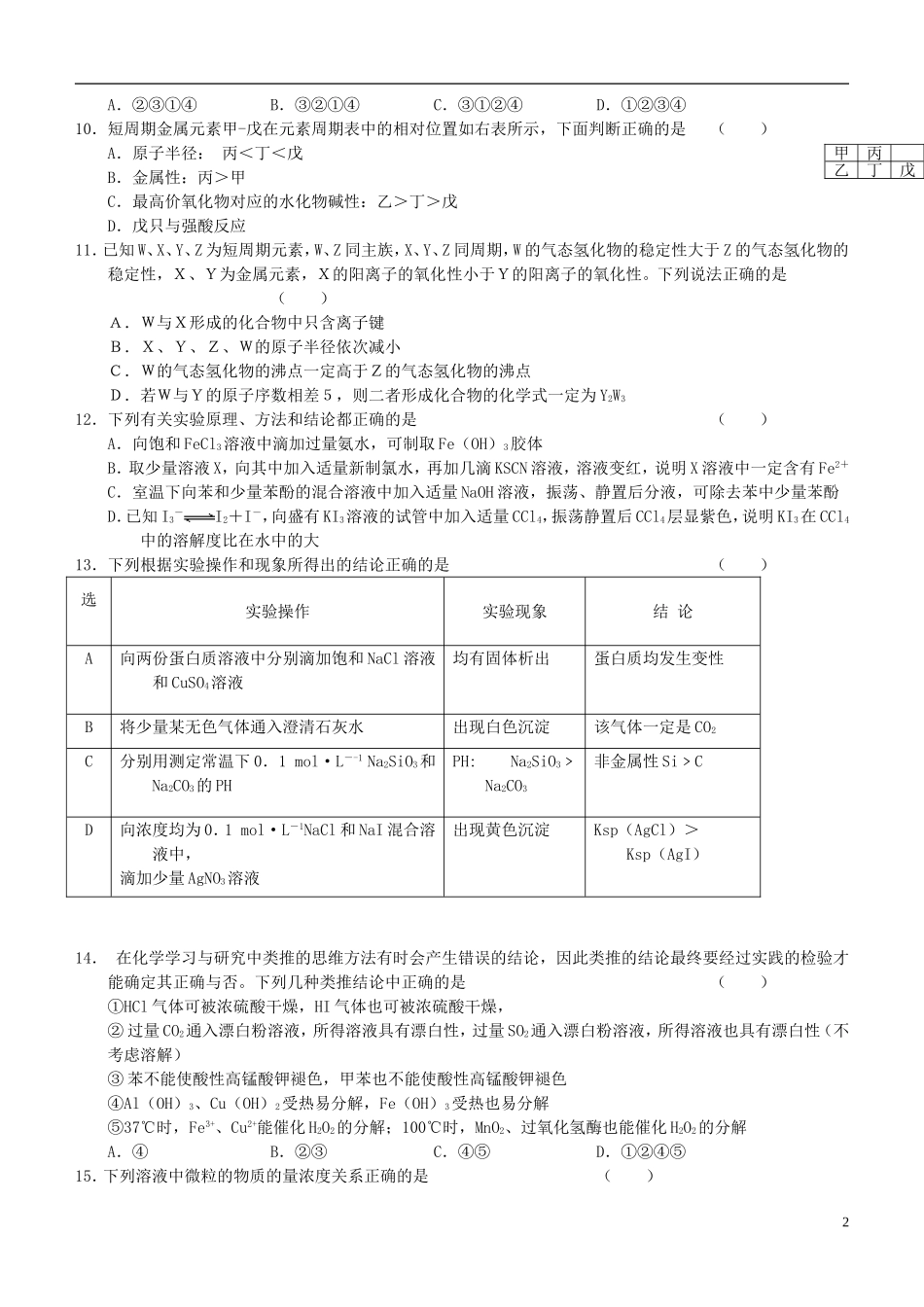2016届高三化学上学期阶段测试试题精选5_第2页