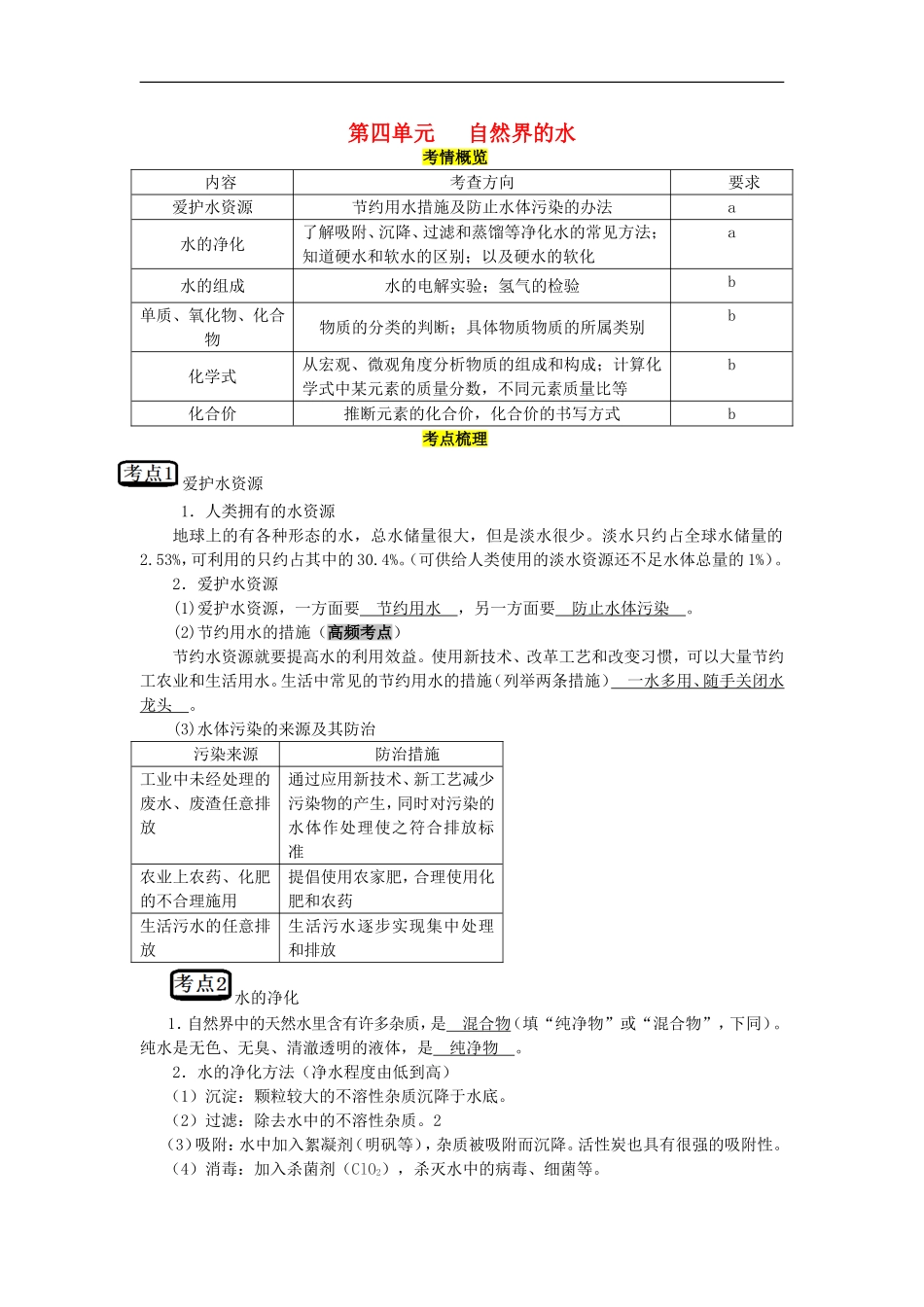 教考通2015中考化学第四单元自然界的水复习_第1页