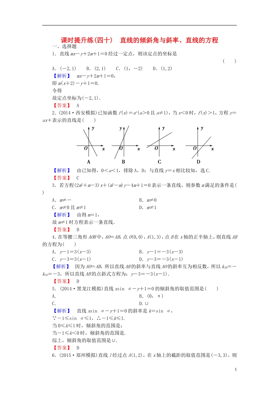 高考总动员2016届高考数学大一轮复习第8章第1节直线的倾斜角与斜率直线的方程课时提升练文新人教版_第1页