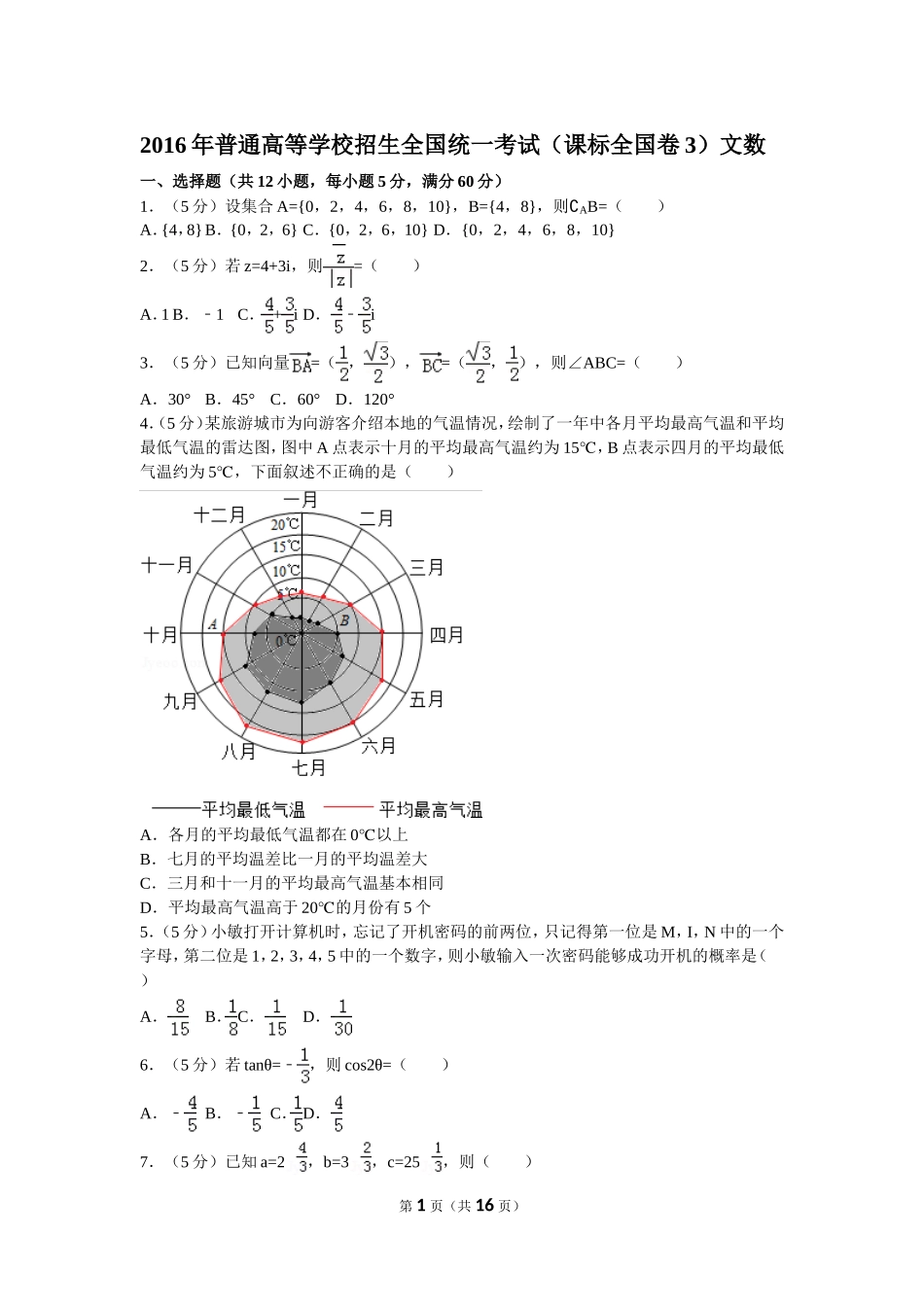2016年普通高等学校招生全国统一考试（新课标全国卷3）文数_第1页