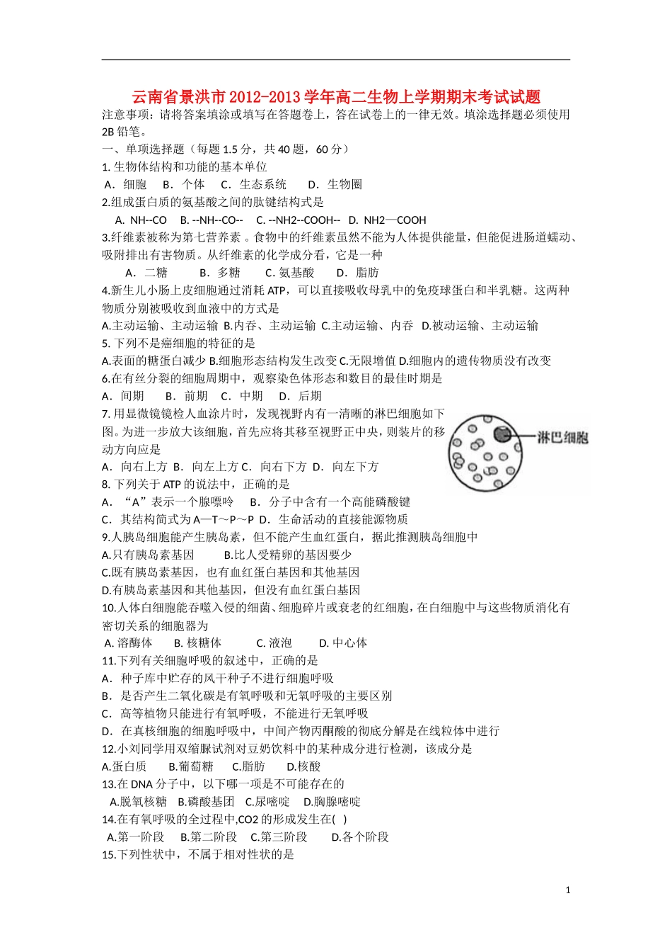 云南省景洪市2012-2013学年高二生物上学期期末考试试题新人教版_第1页