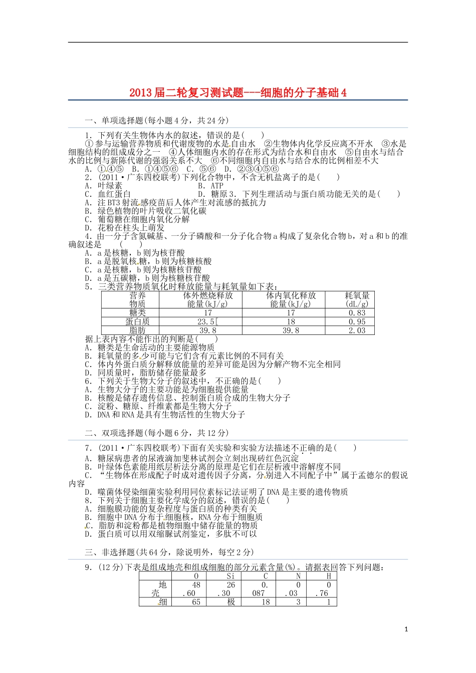 （通用版）2013届高三二轮复习 细胞的分子基础4测试题_第1页