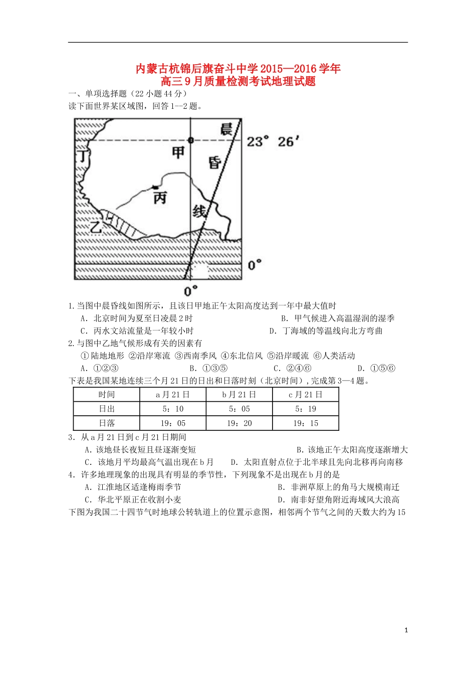 内蒙古杭锦后旗奋斗中学2016届高三地理上学期9月质量检测考试试题_第1页