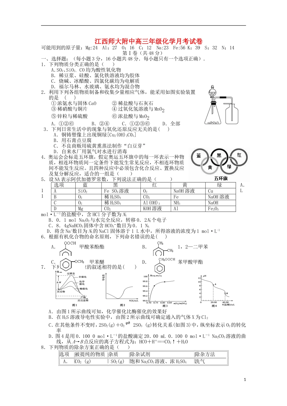 江西省师范大学附属中学2016届高三化学上学期第一次月考试题_第1页