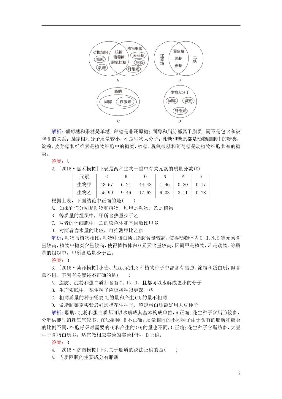 2016高三生物第一轮总复习第一编考点过关练考点5糖类脂质的结构与功能_第2页