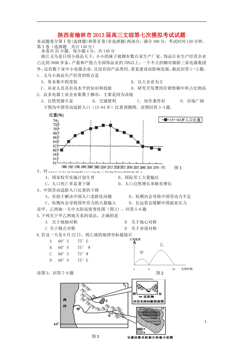 陕西省榆林市2013届高三文综第七次模拟考试试题_第1页