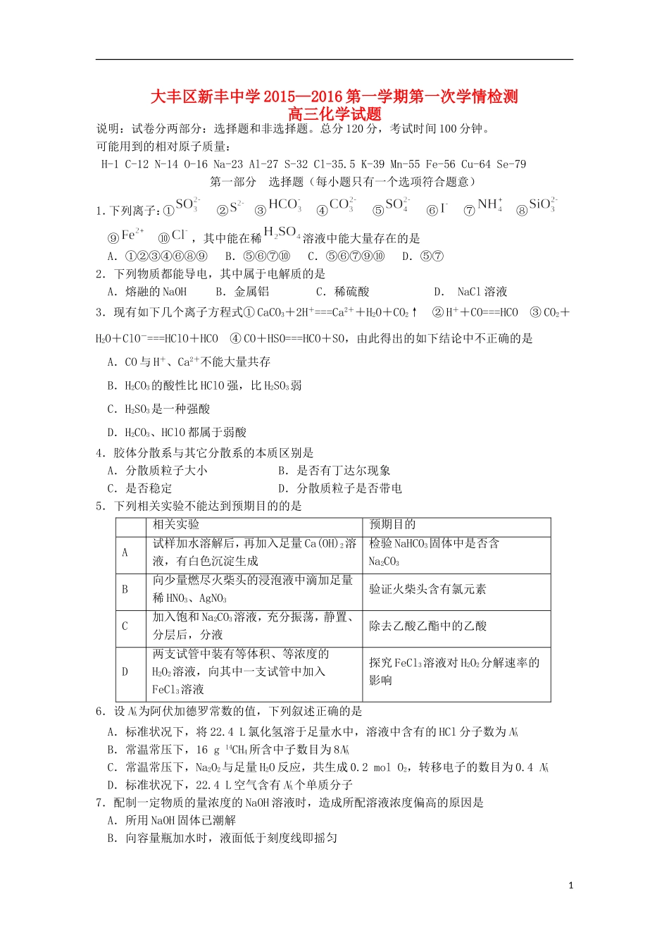江苏省大丰市新丰中学2016届高三化学上学期10月月考试题无答案_第1页