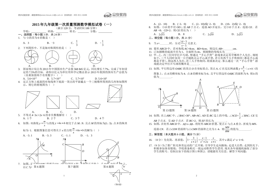 2015年九年级第一次质量预测数学模拟试卷（一）A3版_第1页