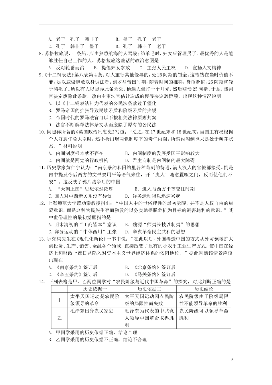 山西省榆社中学2016届高三历史10月月考试题_第2页