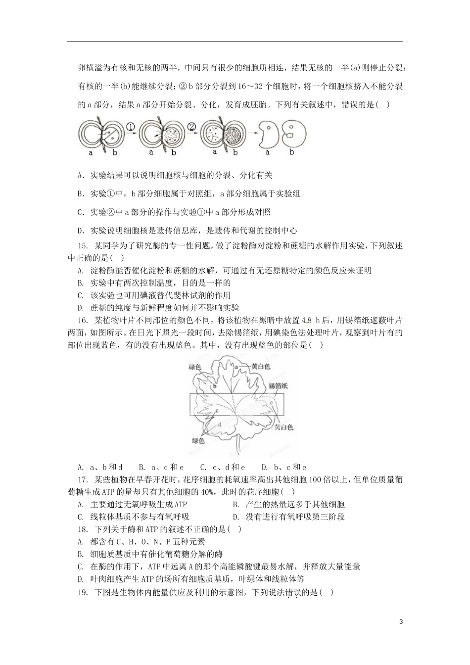 江西省余江县第一中学2016届高三生物上学期第二次模拟考试试题_第3页