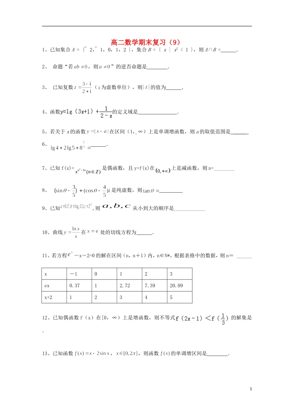 江苏省徐州市王杰中学2014_2015学年高二数学下学期期末复习试卷9_第1页