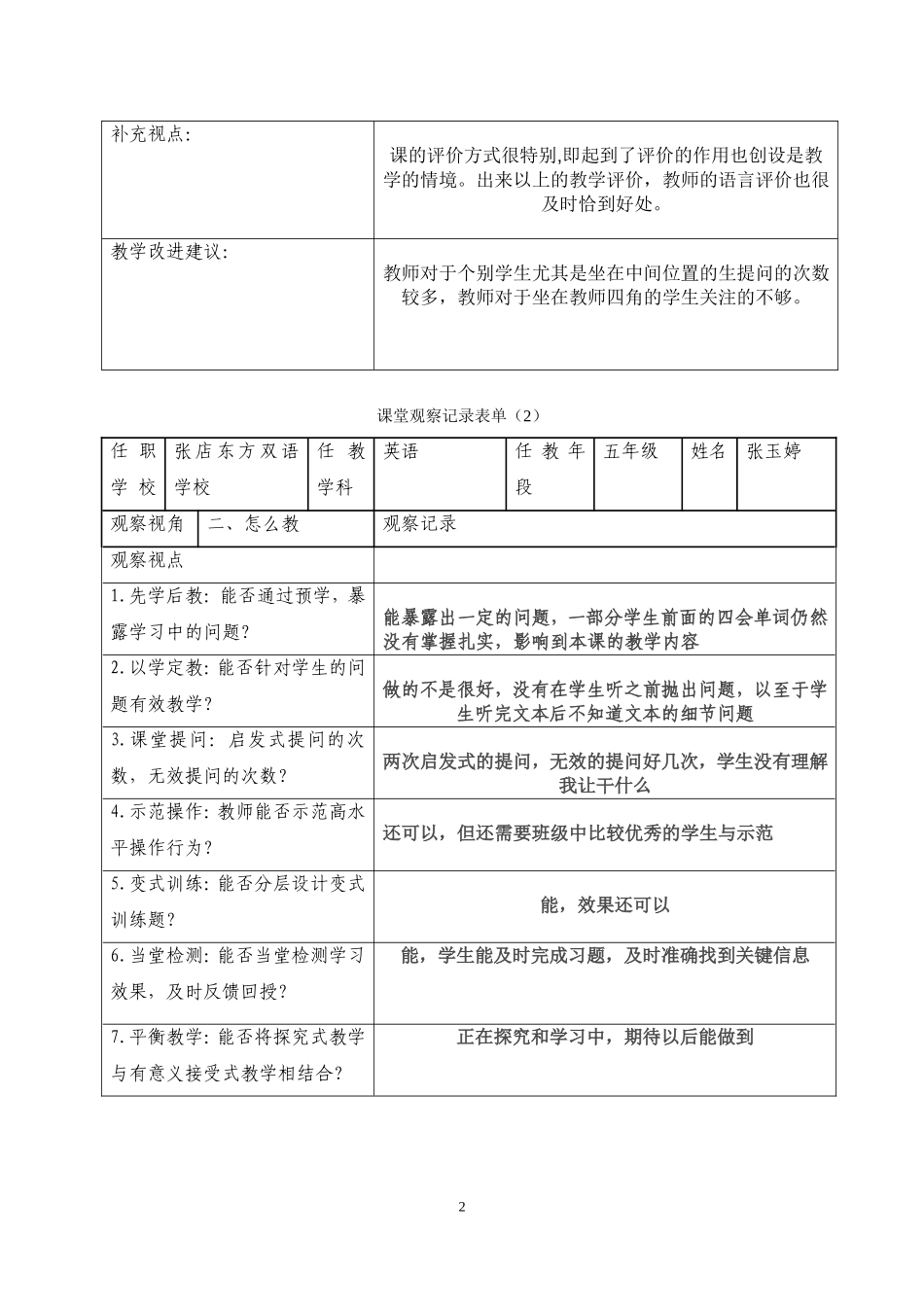 小学英语课堂观察记录表单_第2页