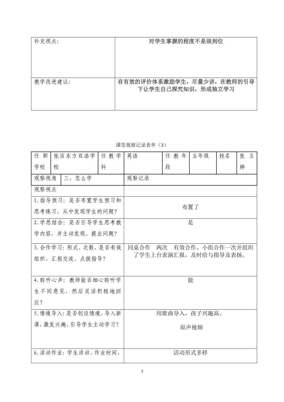 小学英语课堂观察记录表单_第3页