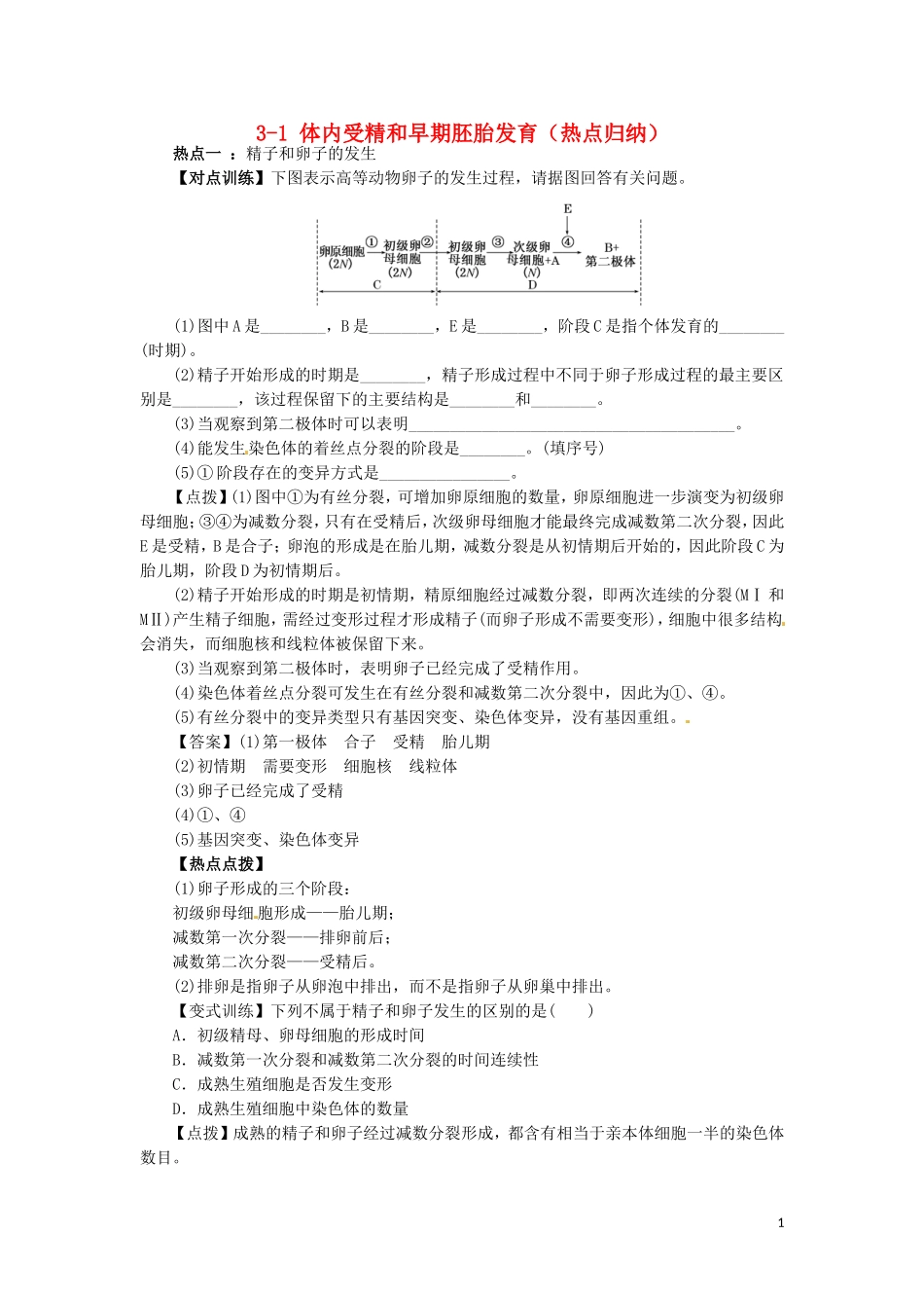 高中生物3.1体内受精和早期胚胎发育指点迷津结新人教版选修3_第1页