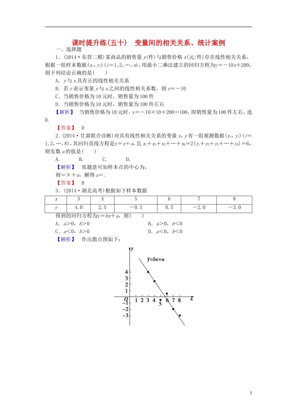 高考总动员2016届高考数学大一轮复习第9章第3节变量间的相关关系统计案例课时提升练文新人教版_第1页