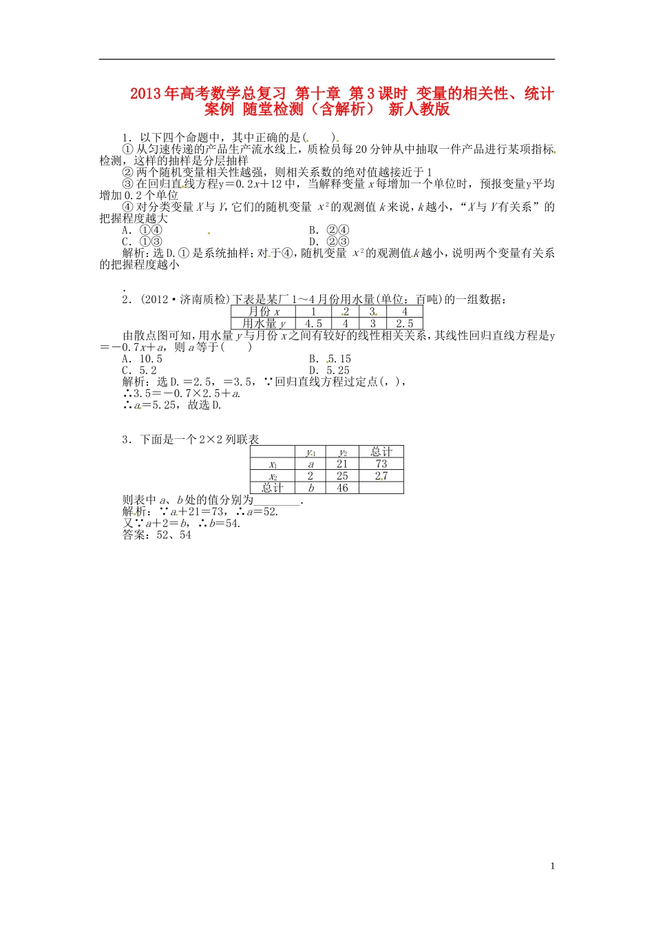 2013年高考数学总复习 第十章 第3课时 变量的相关性、统计案例 随堂检测（含解析） 新人教版_第1页
