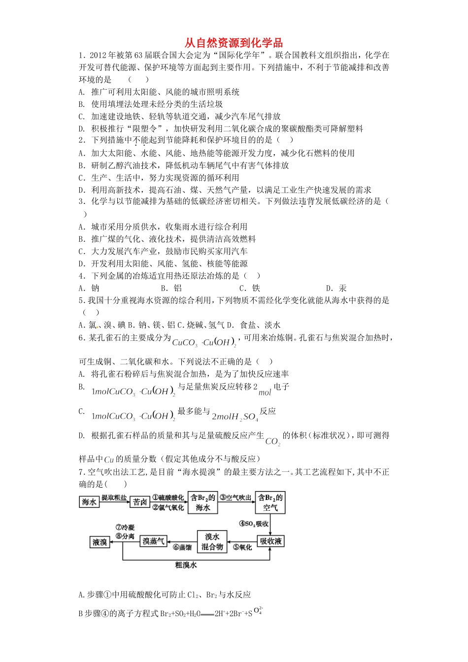 江苏省宜宾高中2016届高考化学复习从自然资源到化学品加餐训练含解析苏教版选修2_第1页