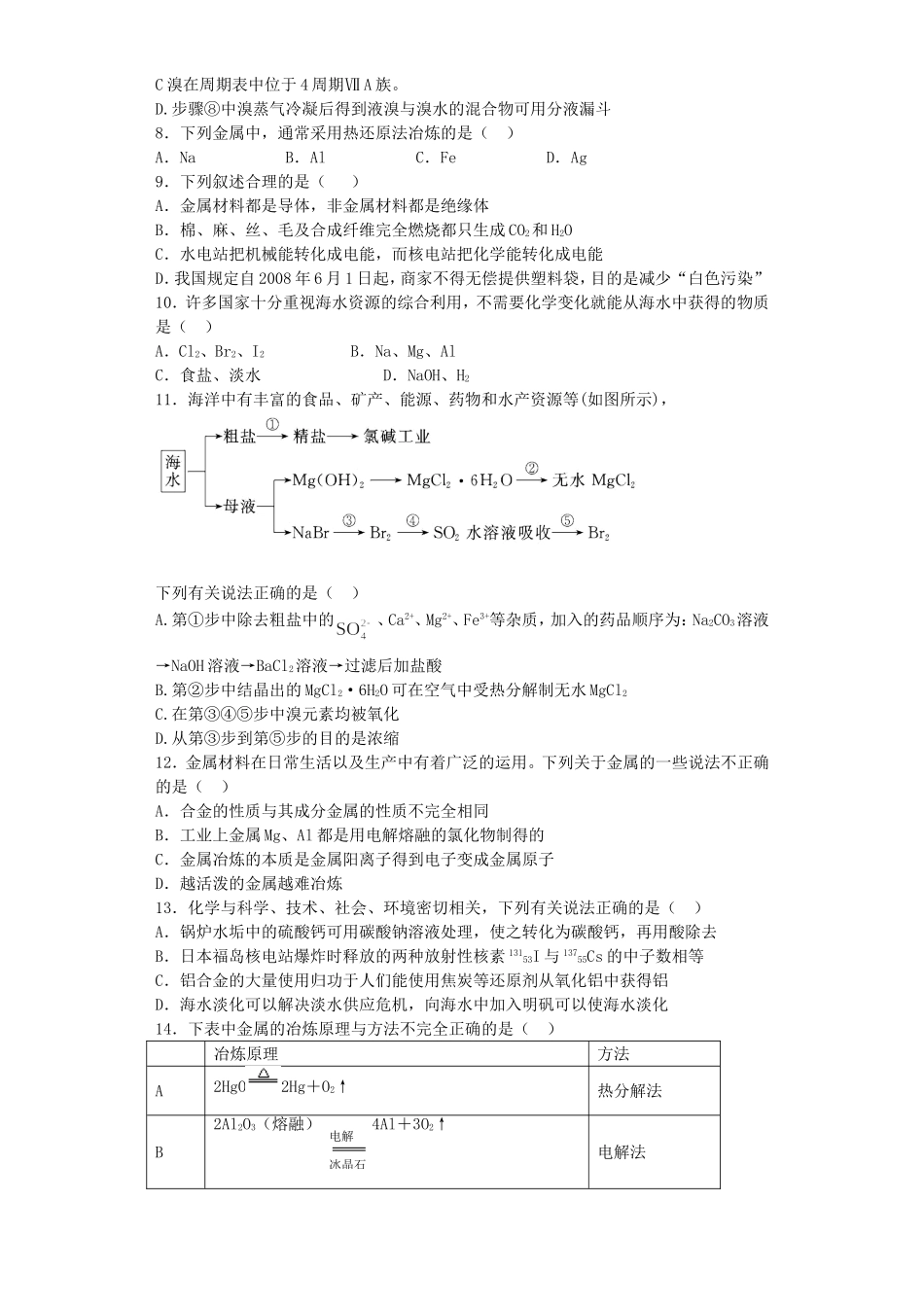 江苏省宜宾高中2016届高考化学复习从自然资源到化学品加餐训练含解析苏教版选修2_第2页