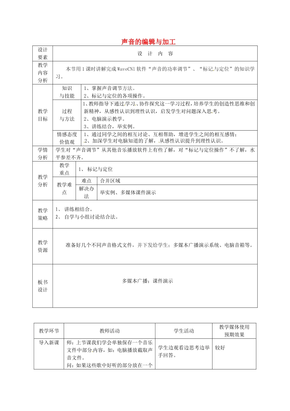 新疆兵团第五师八十八团学校高中信息技术下册第12课时声音的编辑与加工教案_第1页