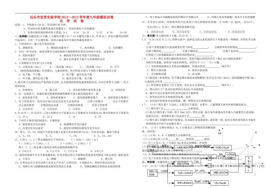 广东省汕头市2012-2013学年九年级化学模拟考试试题 新人教版_第1页