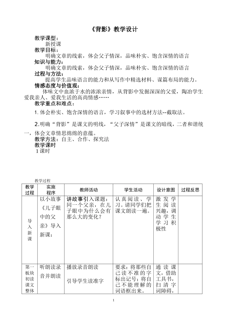 教案-电子或手写模板《背影》教学设计_第1页