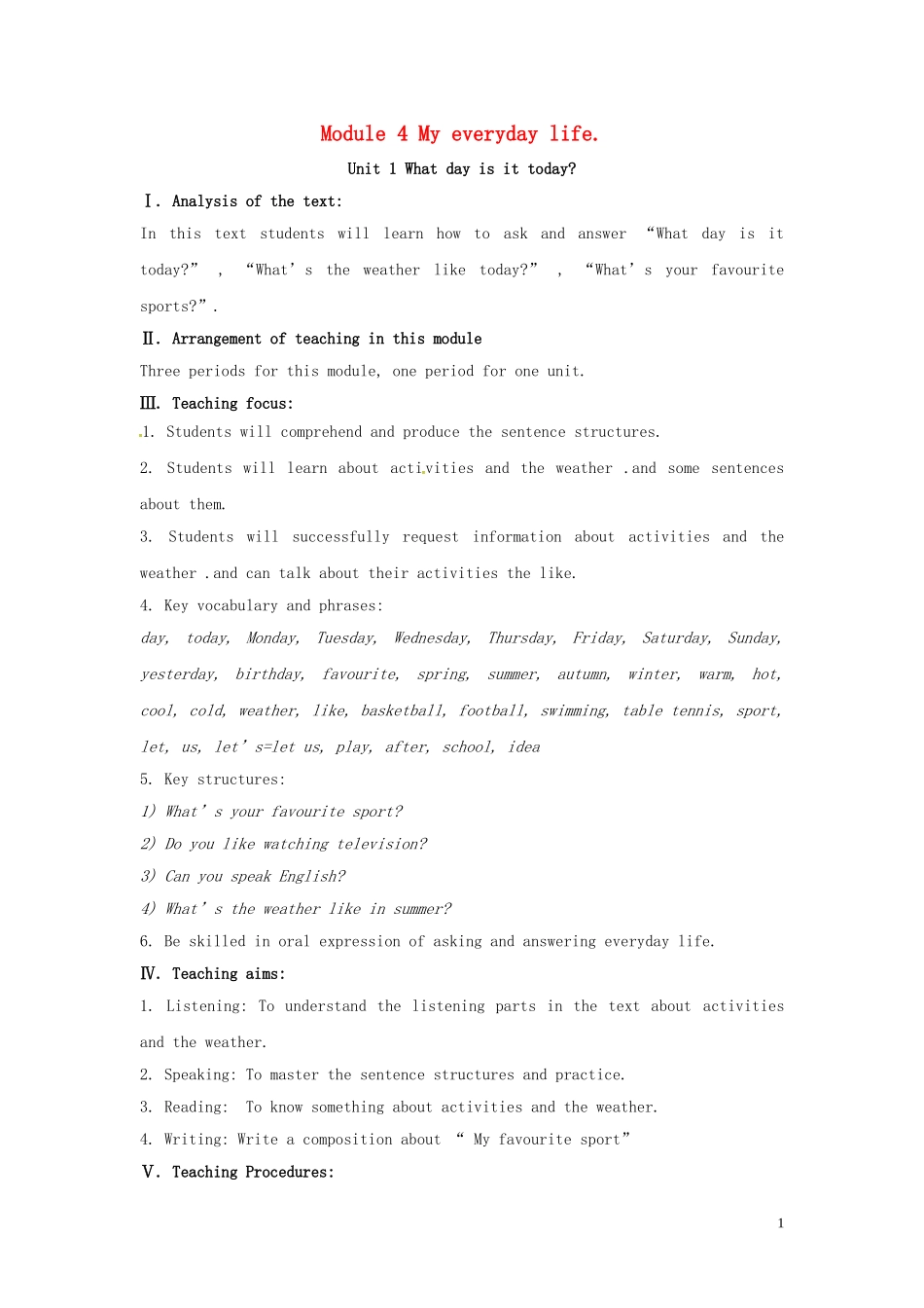 山东省冠县第一中学七年级英语上册StarterModule4Myeverydaylife教案新版外研版_第1页