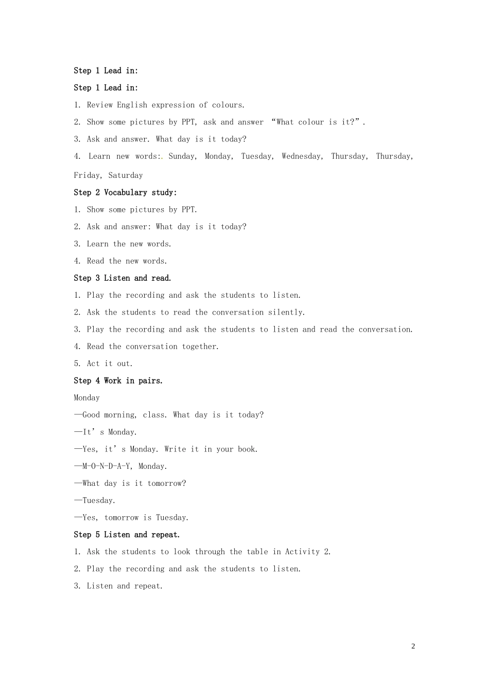 山东省冠县第一中学七年级英语上册StarterModule4Myeverydaylife教案新版外研版_第2页