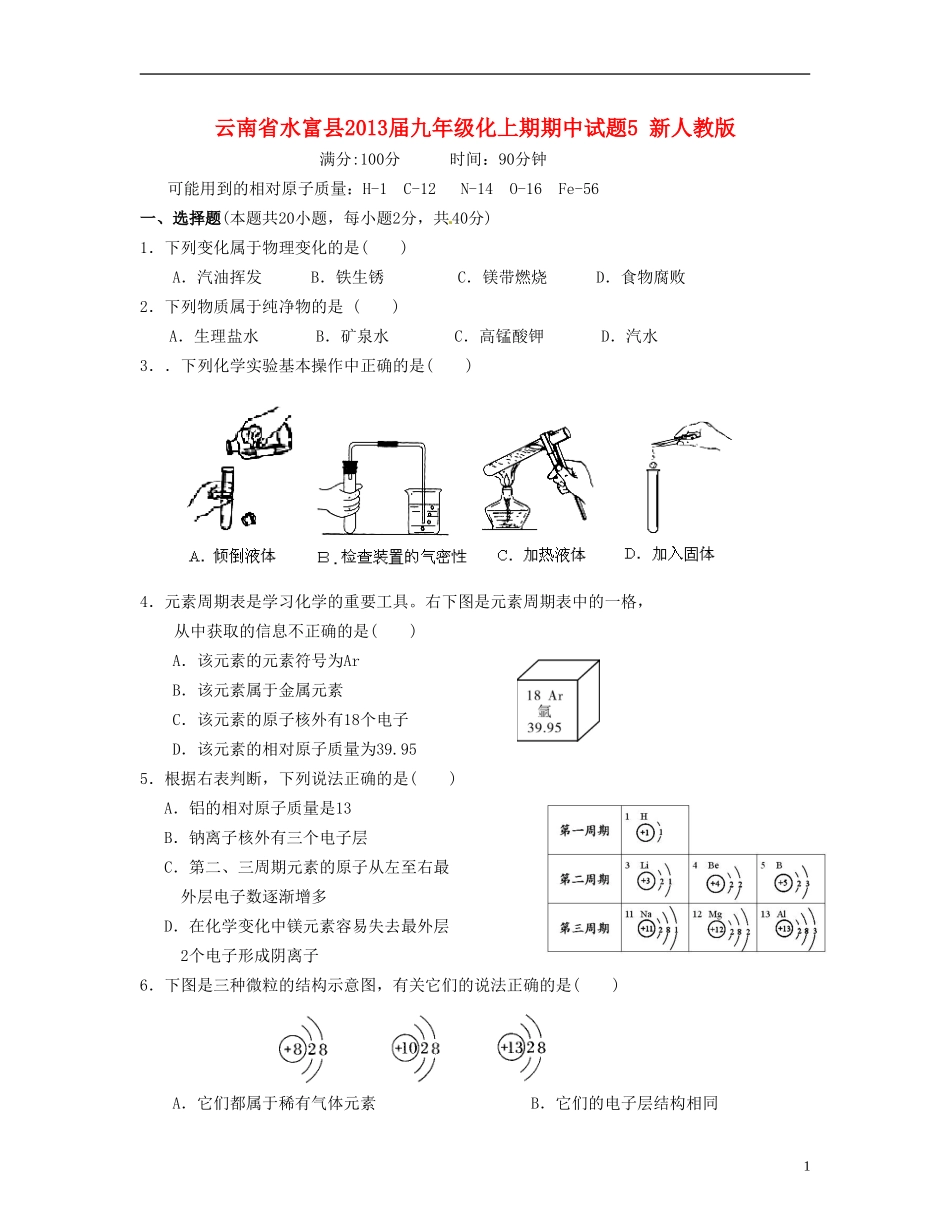 云南省水富县2013届九年级化上期期中试题5 新人教版_第1页