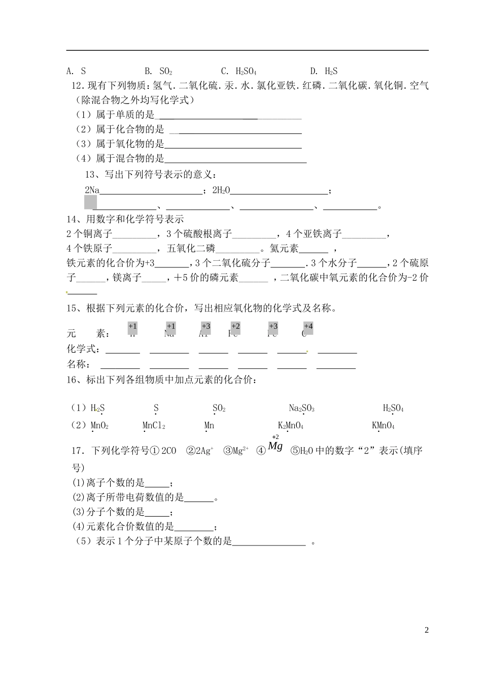 广东省河源市南开实验学校九年级化学上册4.4化学式与化合价练习题无答案新版新人教版_第2页