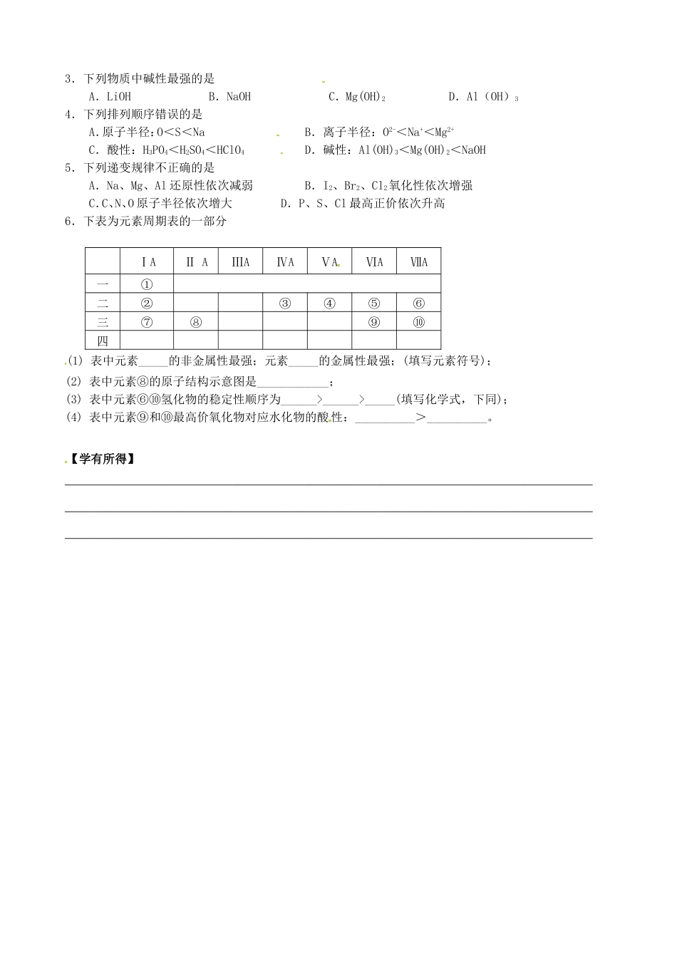 江苏省南通市第二中学高中化学1.2元素周期律学案2无答案新人教版必修2_第2页
