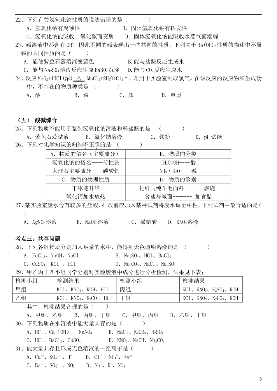 北京市和平北路学校2015届中考化学专题复习酸碱盐选择题无答案_第3页