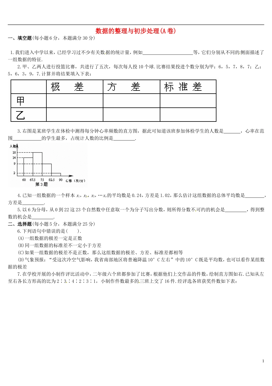 河南省郸城县光明中学八年级数学下册 第21章 数据的整理与初步处理（A卷） 华东师大版_第1页