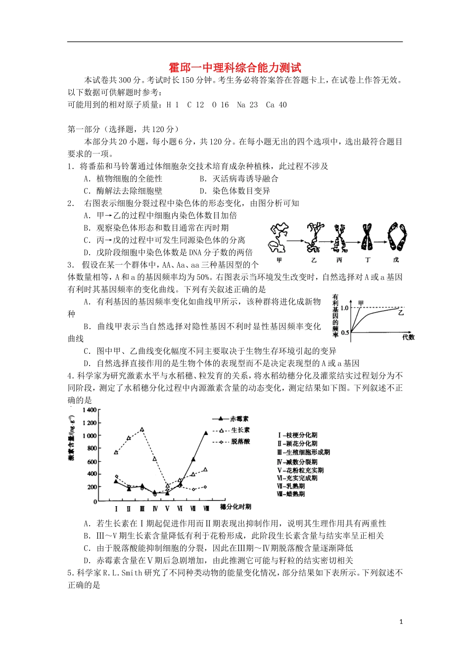 安徽省六安市2013届高三理综下学期第一次月考试题_第1页